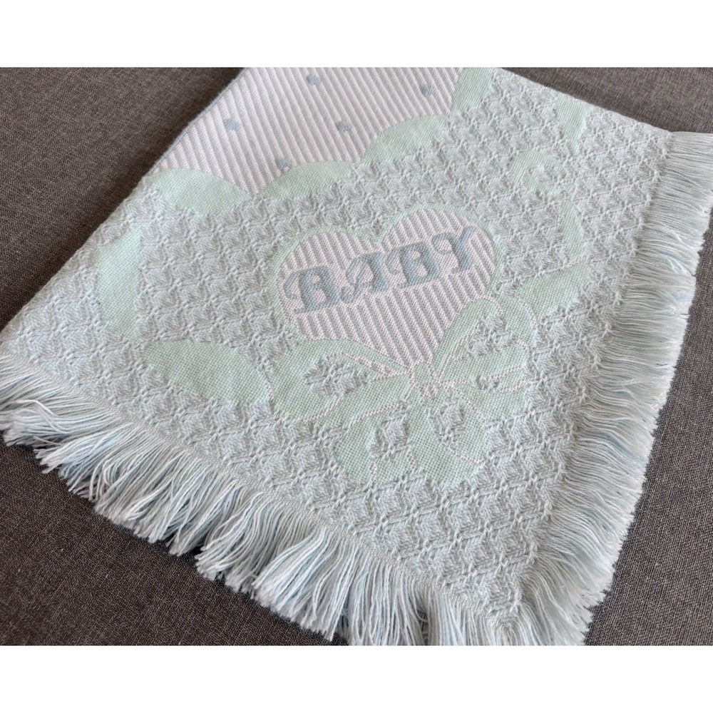 Vintage Baby Woven Throw Blanket Blue White Fringe Hearts Bows Nursery 34x32 80s